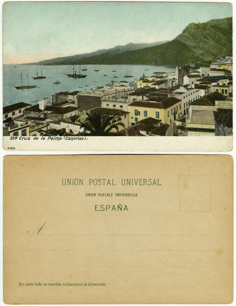 Santa Cruz de La Palma postal original coloreada.